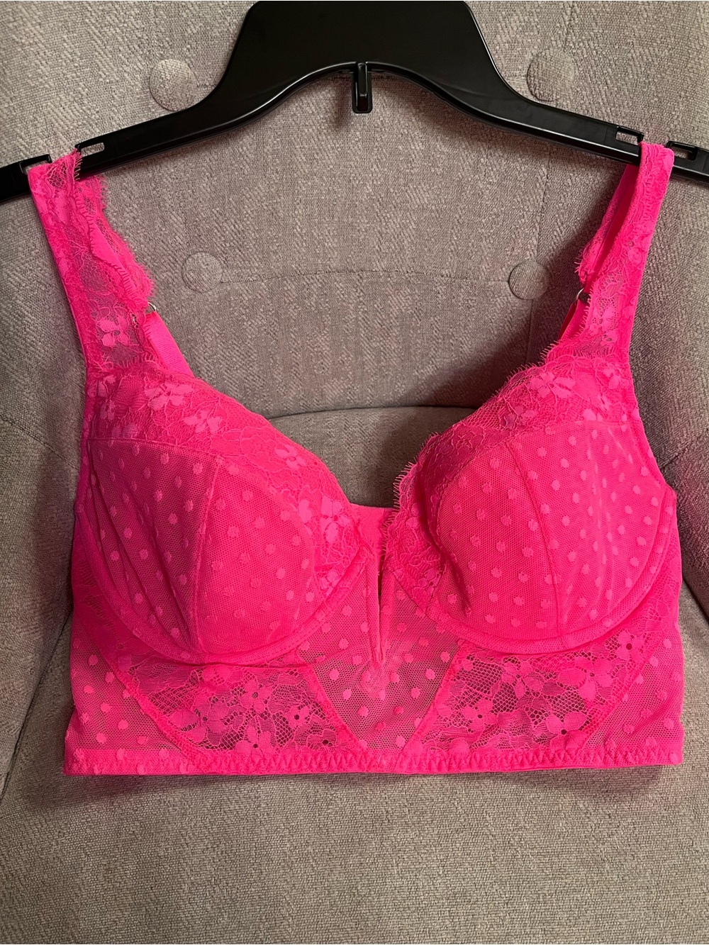 Victoria’s Secret Dream Angels Bright Pink Lace Polka Dot Corset Bralette 36D
